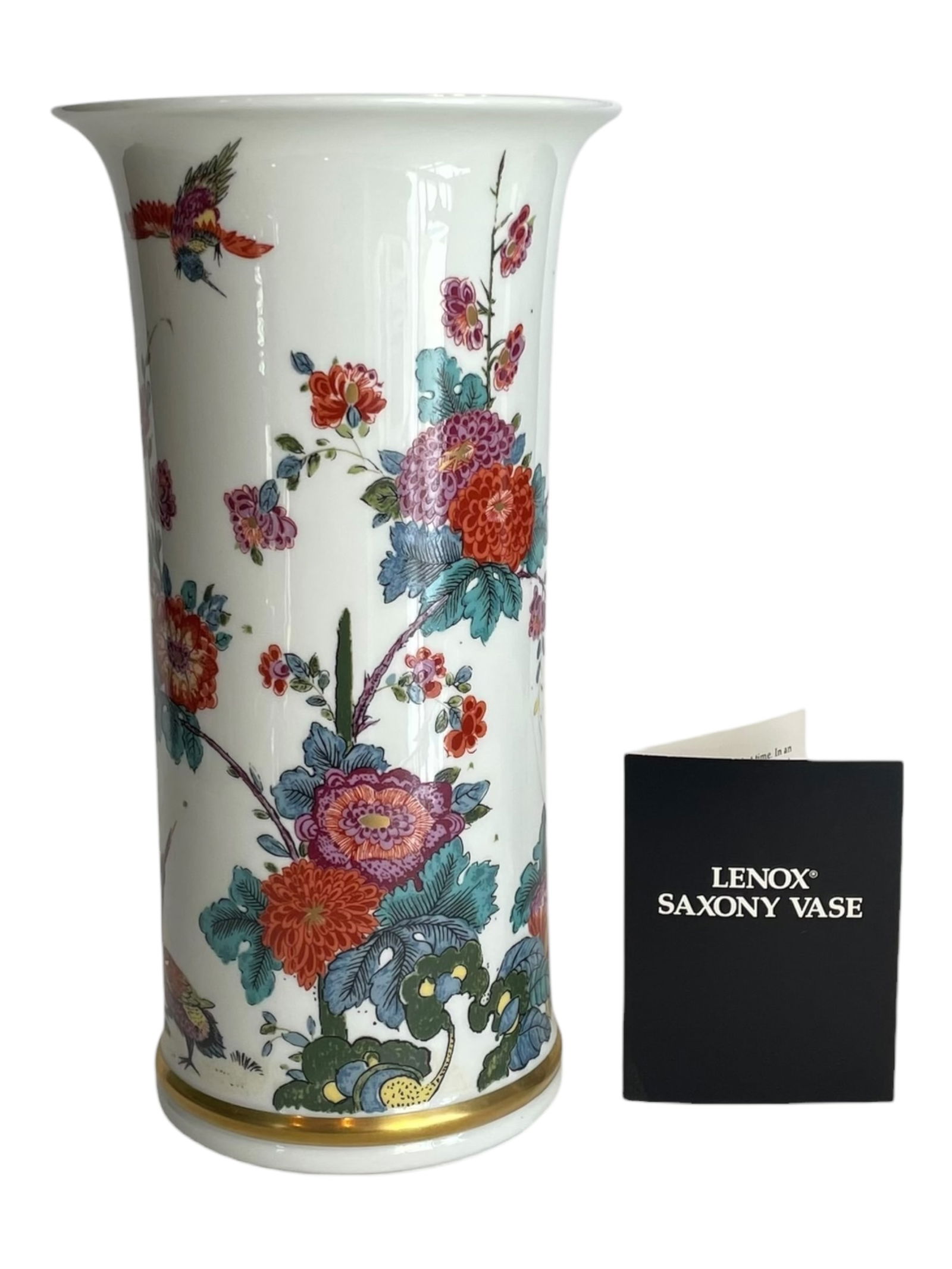 Lenox Saxony Vase, 11": Lenox Saxony Vase, 11" Decorated with birds and florals, a porcelain Smithsonian Institution reproduction of a Meissen vase circa 1725.