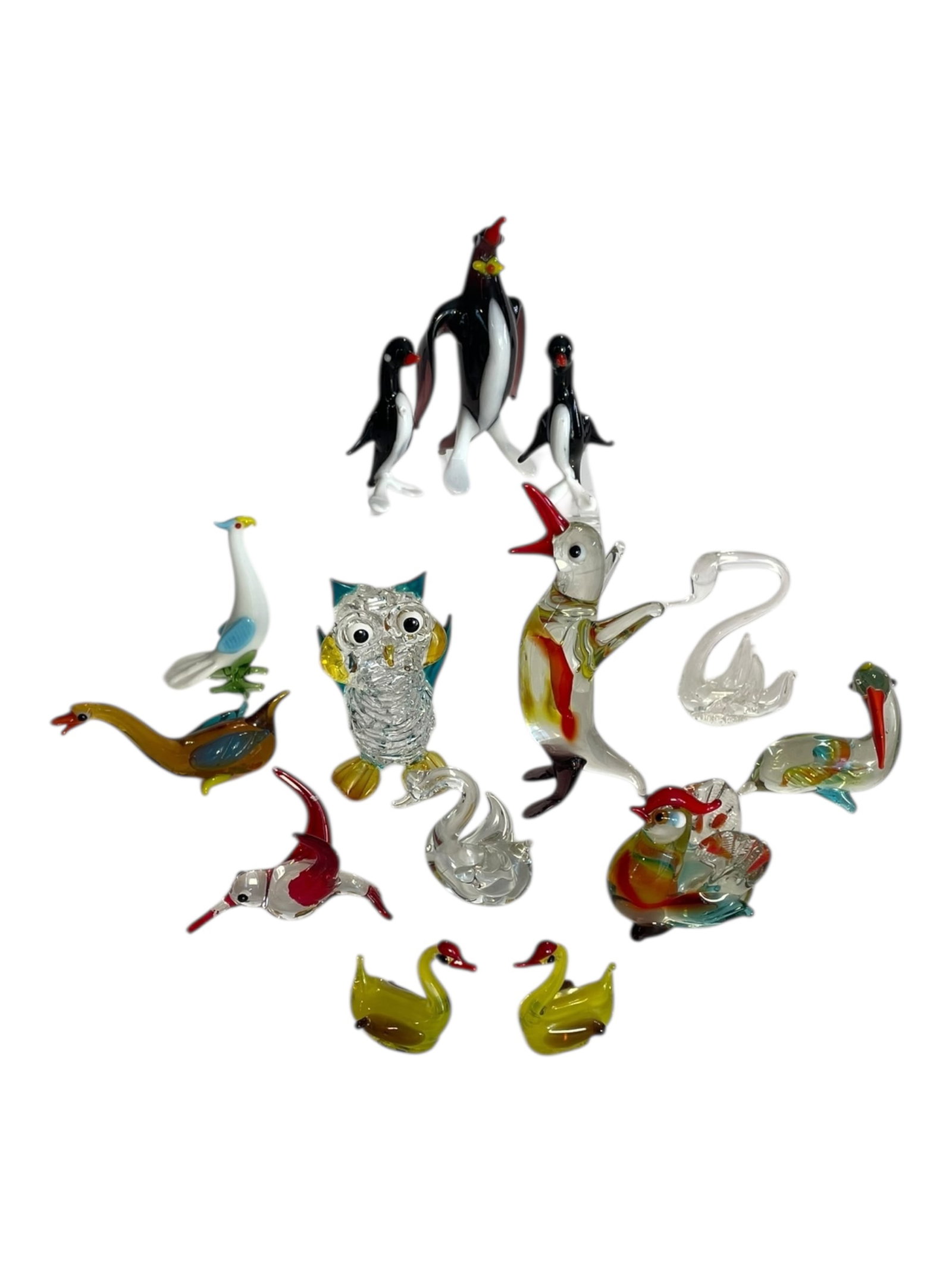 14 Small Blown Glass Birds: 14 Small Blown Glass Birds, Penguins Approx. 1.25" to 4.25" tall