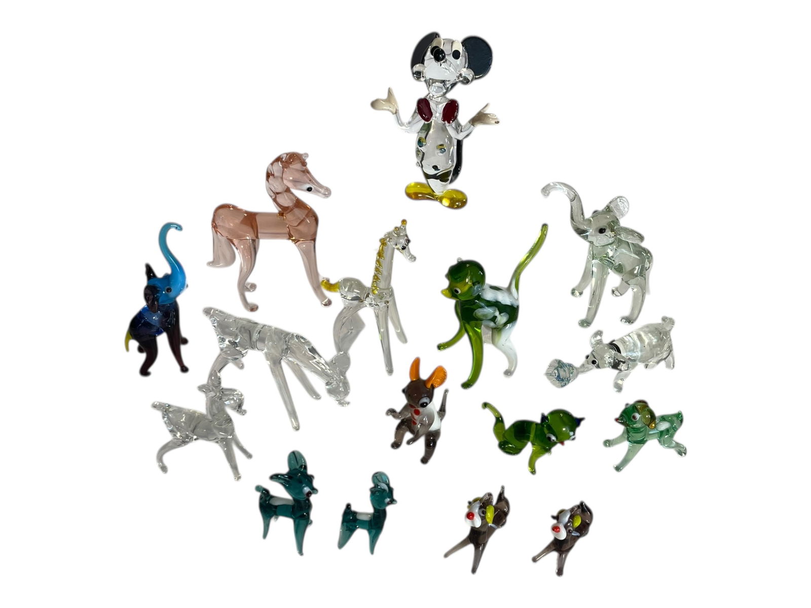 16 Small Blown Glass Animals, Mickey Mouse: 16 Small Blown Glass Animals, Mickey Mouse 1" to 3.75" tall