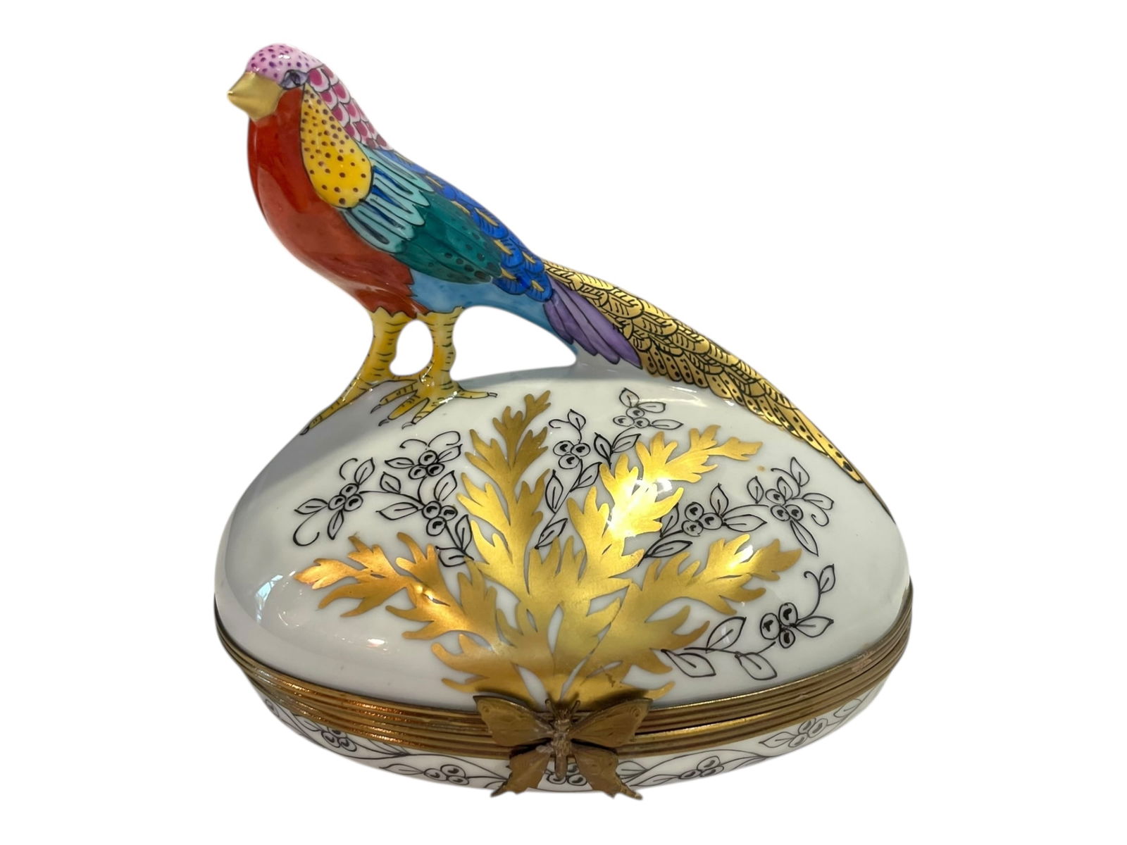 Peint Main Limoges Porcelain Pheasant Box: Peint Main Limoges Porcelain Pheasant Box Trinket Box, approx. 5" wide, 4" tall, 3.5" deep