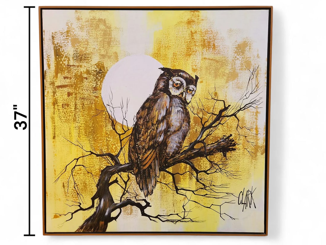 Mid Century Modern Owl Painting, Signed Clark (1 of 5)