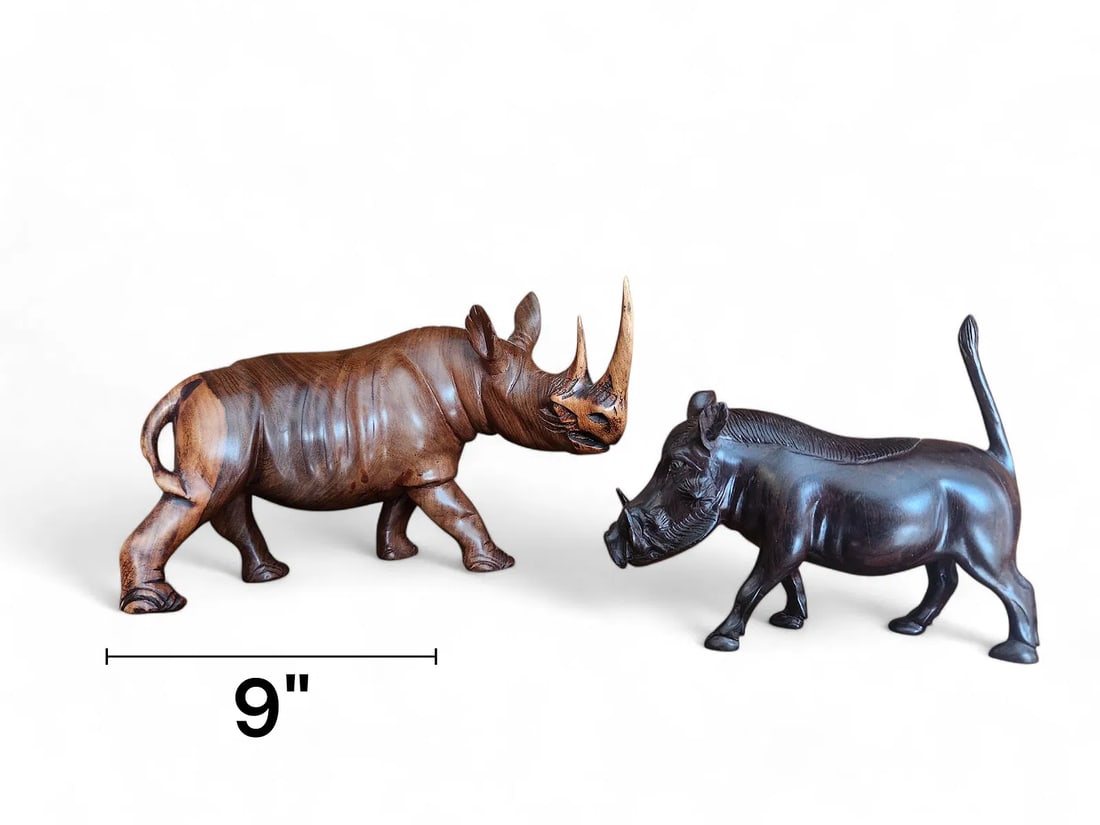 Hand Carved Wood Rhino & Warthog: Hand Carved Wood Rhino & Warthog. The Rhino Measures about 9" Wide Warthog measures 6" wide, the warthog is signed on the bottom too.