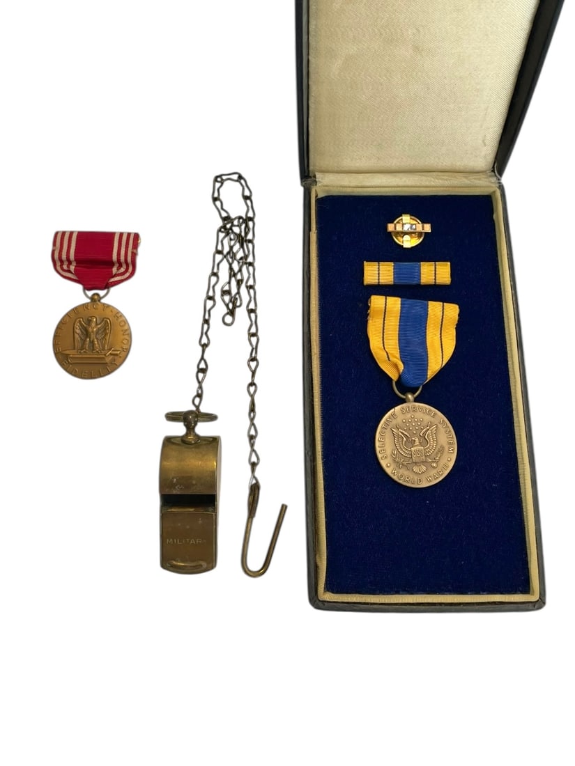 Selective Service Medal with Box, Good Conduct Medal, Brass Military Whistle (1 of 7)