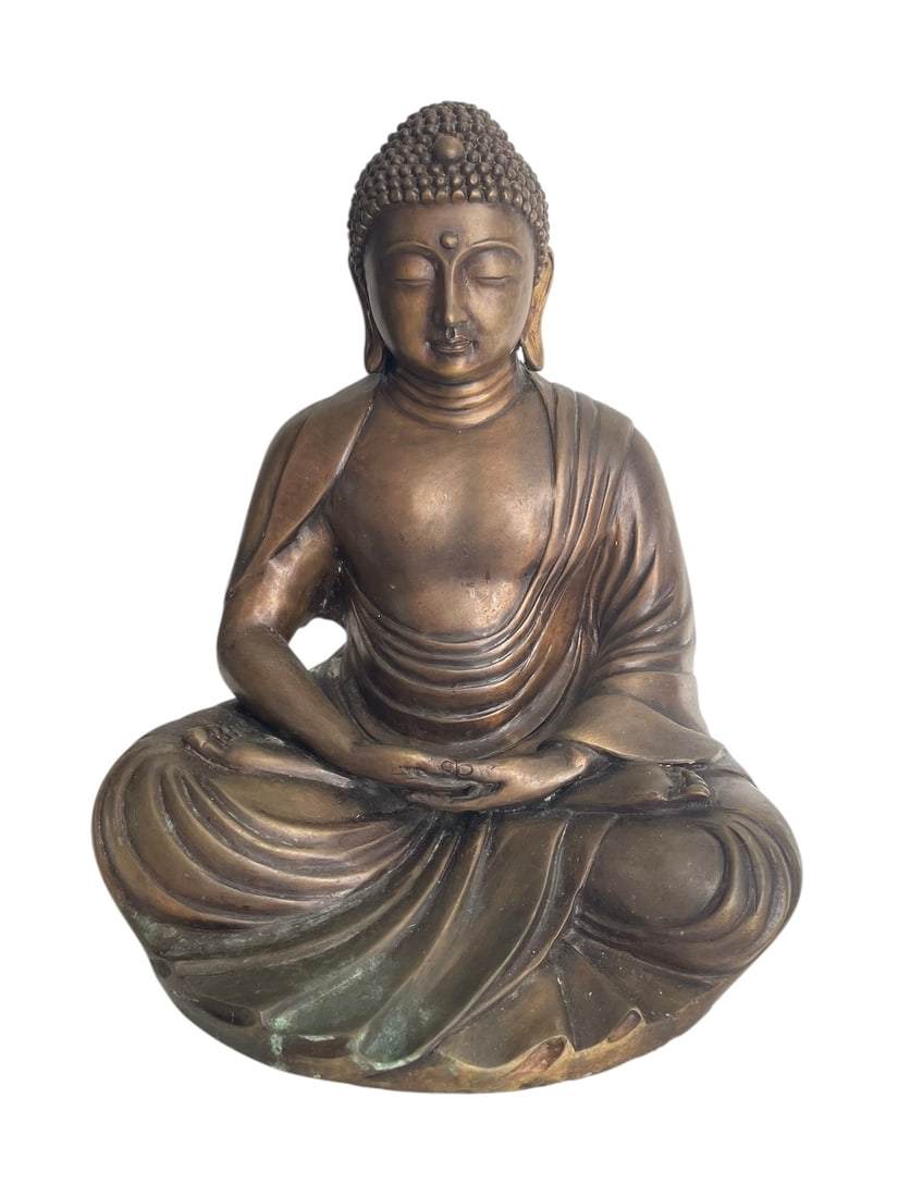 Bronze Buddha Sculpture, 13.5": Bronze Buddha Sculpture, 13.5" tall, 11" wide, 9" deep. No signature found; bottom is entirely felted. Heavy, 16 lbs.