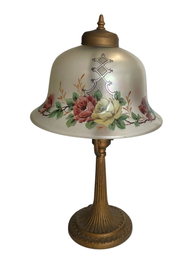 Art Deco RMR Lamp with Painted Iridescent Shade: Art Deco RMR Lamp with Painted Iridescent Shade. Boudoir lamp with metal base signed RMR. 15" tall. The pretty shade has an iridescent sheen and is hand painted. Working condition.