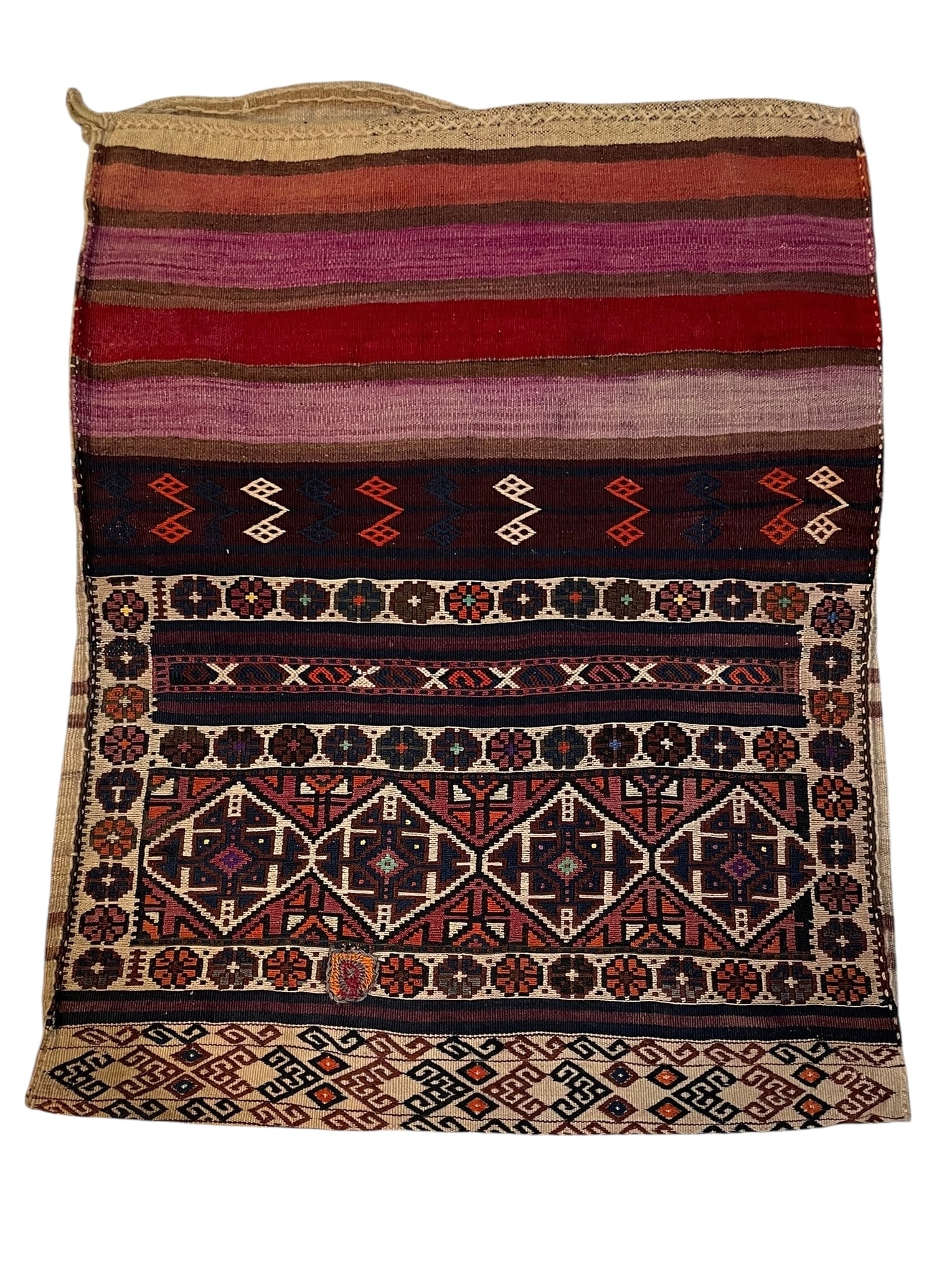 Woven Turkish Kilim Grain Sack: 2'10" x 3'8": Woven Turkish Kilim Grain Sack. Made from a rug, a piece with character; notice the little patch that has been crocheted to match. 34" x 44"