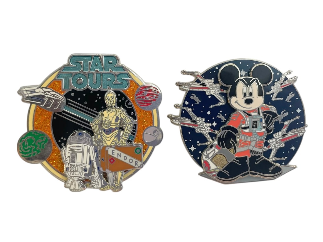 2 Disney Star Wars Trading Pins: 2007 Mickey X-Wing Pilot & 2006 Star Tours Droids (1 of 4)