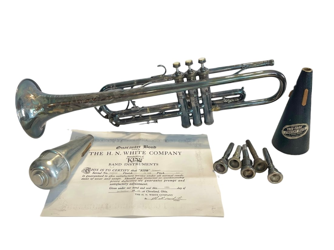 H.N. White 'King' Silver Tone Trumpet with 5 Mouthpieces and Original 1933 Guarantee (1 of 11)