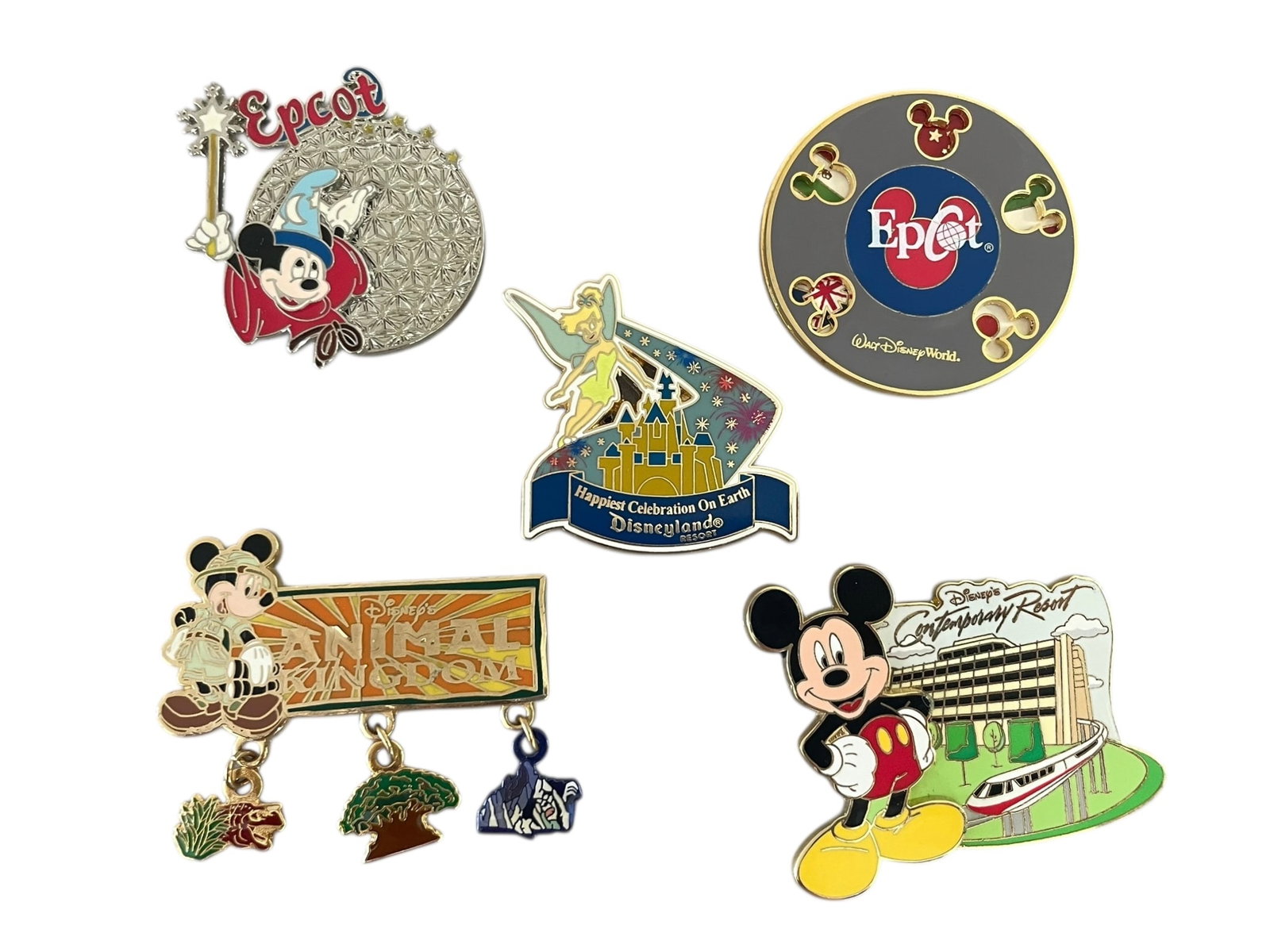 5 Disney Parks/Resorts Pins: Epcot, Disneyland, Animal Kingdom, Contemporary (1 of 4)