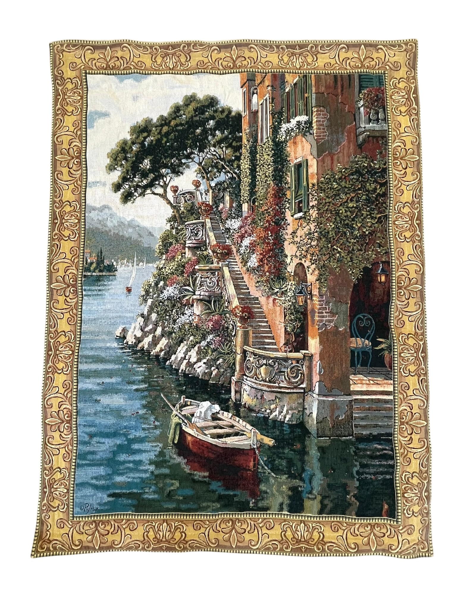 Tapestry of "Lake Como Villa" by Bob Pejman, 41" x 55": Tapestry of "Lake Como Villa" by Bob Pejman. A lovely scene of a boat moored by an Italian villa. "Pejman" in lower left. 41" x 55" In nice condition and ready for hanging.