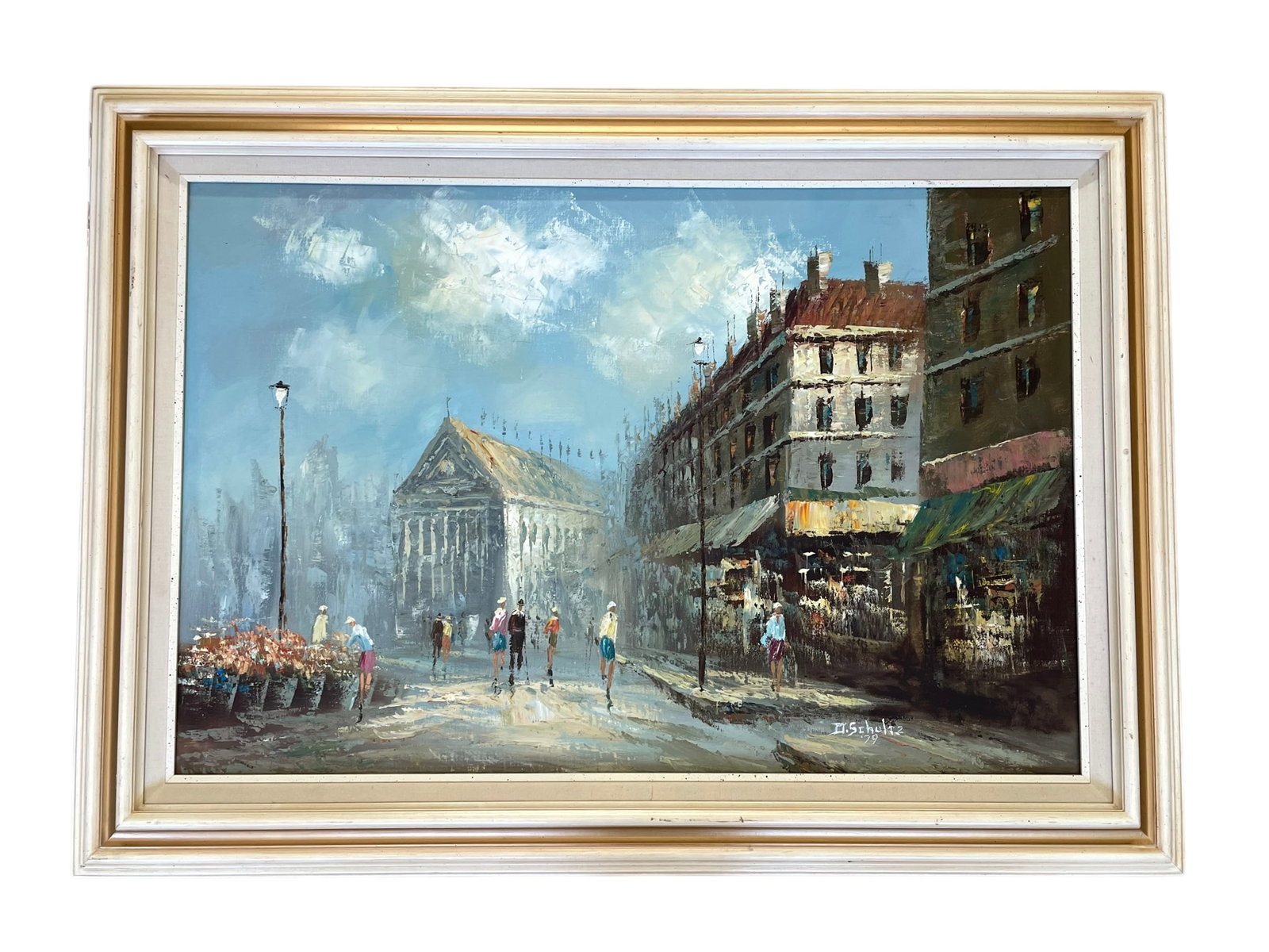 D. Schultz Parisian Street Scene Oil on Canvas Painting: D. Schultz Parisian Street Scene Oil on Canvas Painting. Signed in lower right and dated '79. Framed size: 31" x 34"