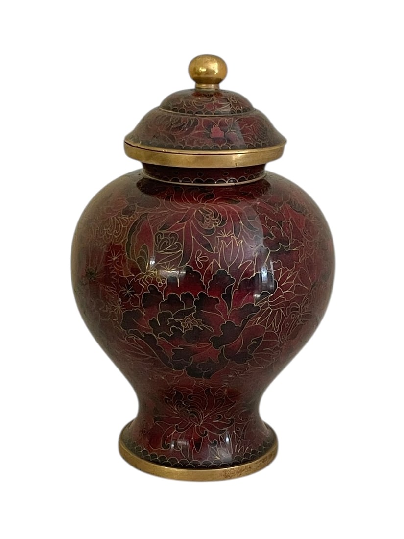 Cloisonne Red Oxblood Ginger Jar: Cloisonne Red Oxblood Ginger Jar. Intricate floral designs, 8" tall.