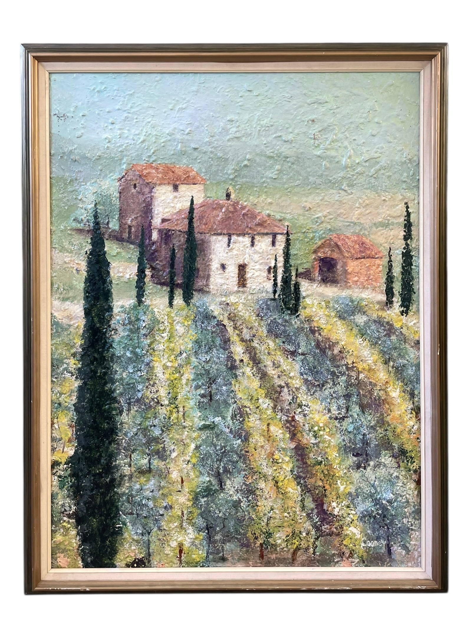 Italian Landscape Painting by Charles C. Cooney: Italian Landscape Painting by Charles C. Cooney. A large and textured painting by a local Venice FL artist, signed in lower right. Framed size: 34" x 45"