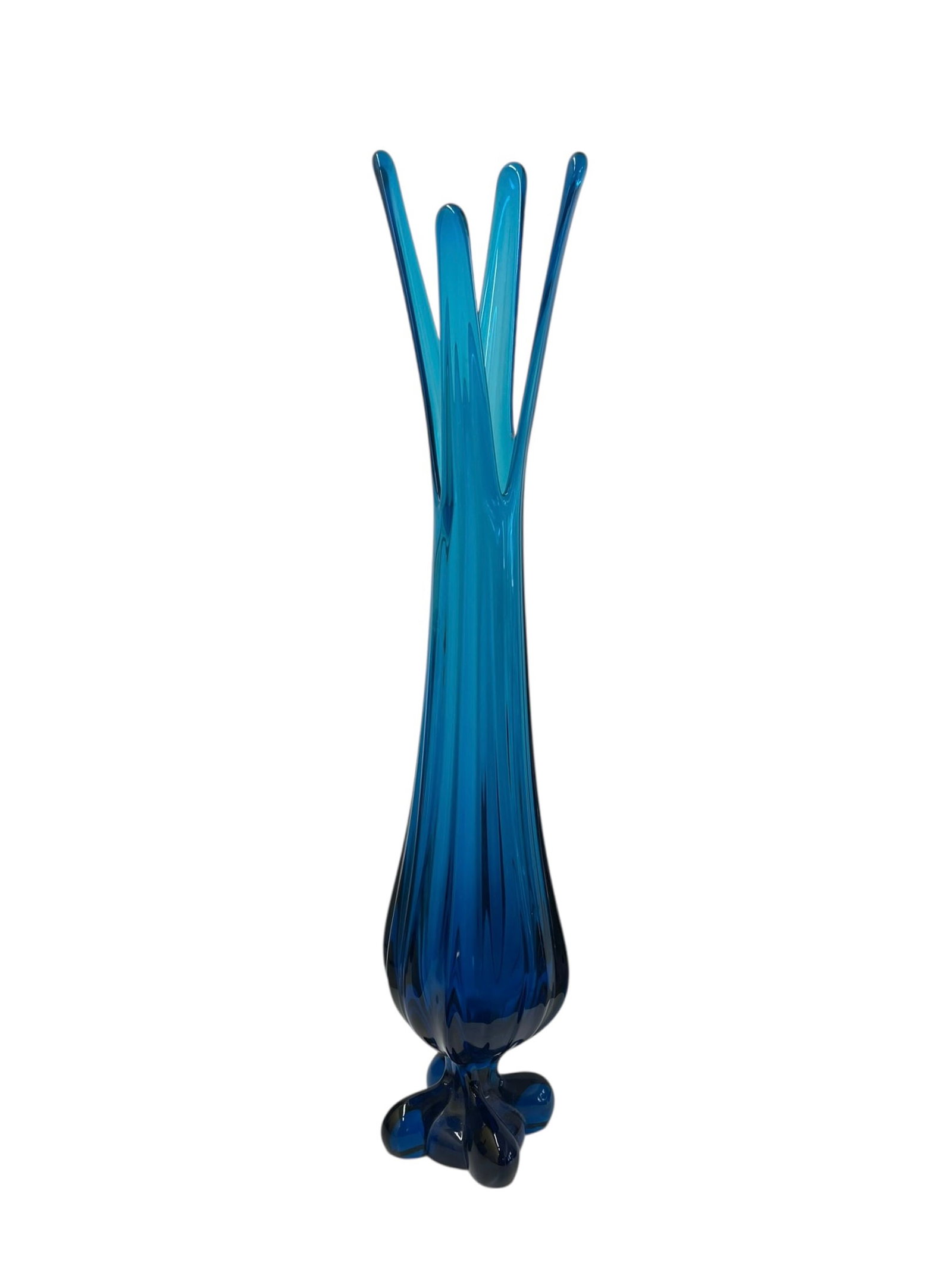Viking Epic Blue Swung Glass Vase, 21": Viking Epic Blue Swung Glass Vase, 21". A cool MCM piece, blue/turquoise color; we believe this is the "bluenique" color produced by Viking Glass in the 1960's. It has a four-toed foot which would be 