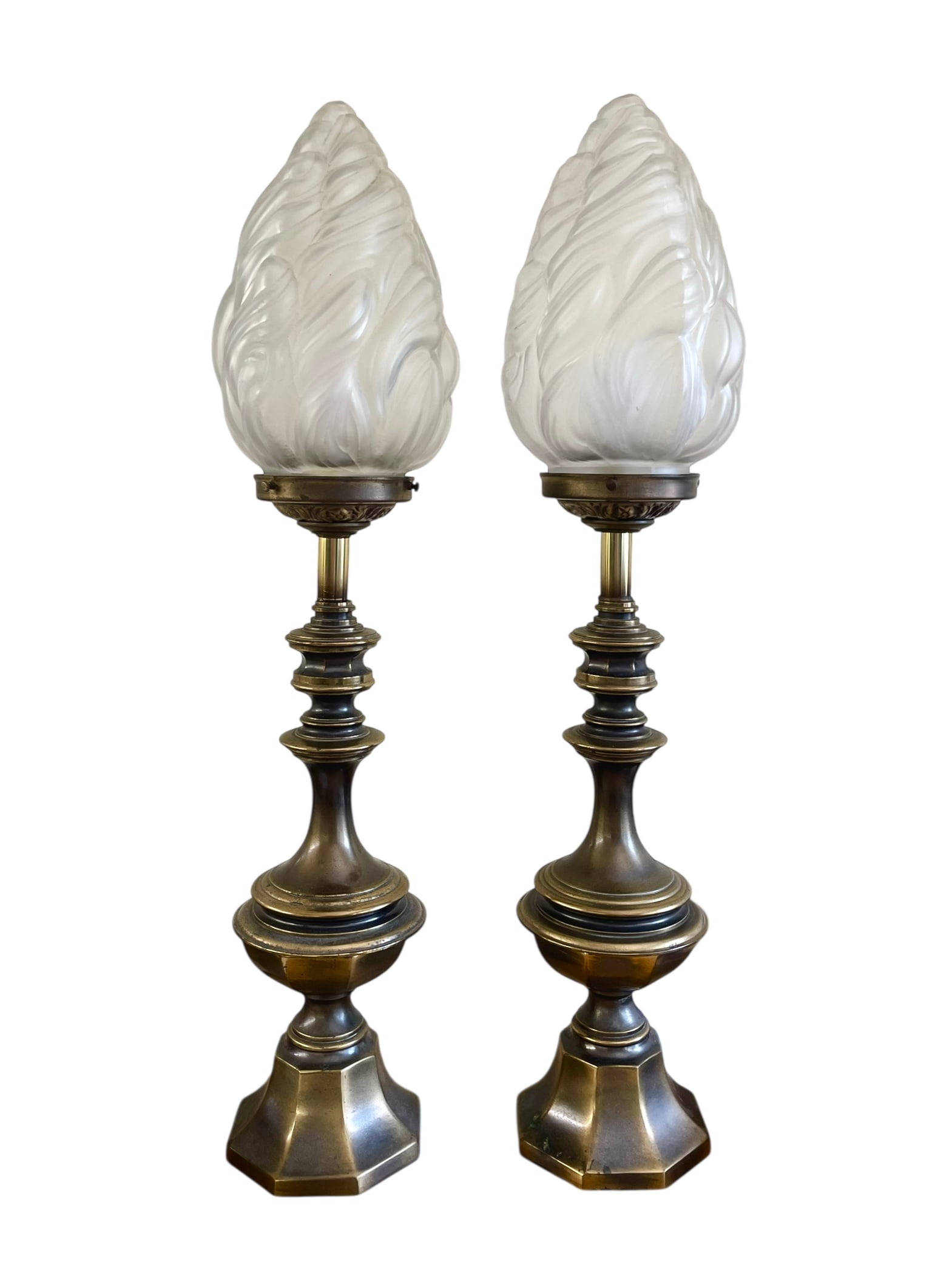 Pair of Candlestick Lamps with Glass Flame Shades (1 of 5)