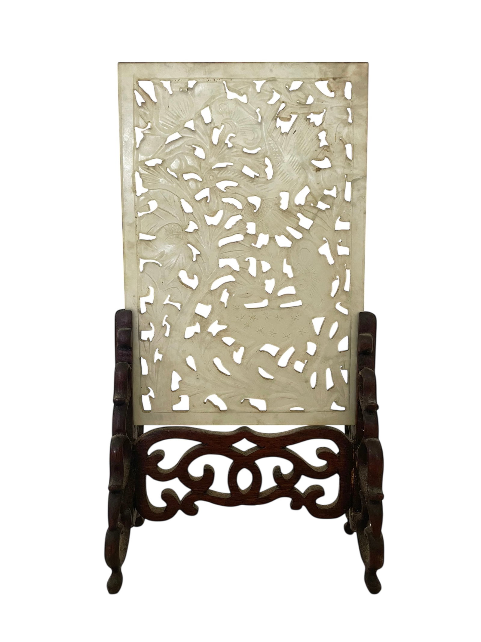 Antique Chinese Carved Stone Table Screen: Antique Chinese Carved Hardstone Table Screen. Pierced and carved with animals and foliage. Pencil-marked "China" on the back. Condition: a minor crack on the edge. One leg of the wood stand has lost