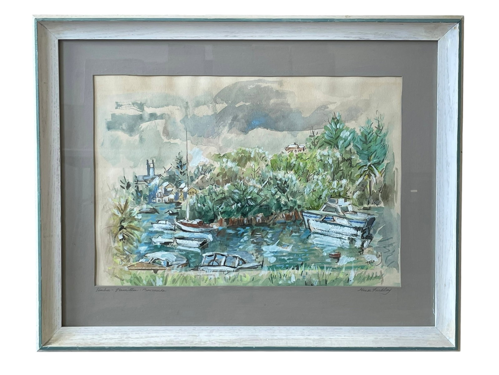 Grace Findlay Painting of Bermuda Harbor: Grace Findlay Painting of Bermuda Harbor, Hamilton. Matted and framed under glass. Signed on the painting as well as the mat. Framed size: 29" x 23"