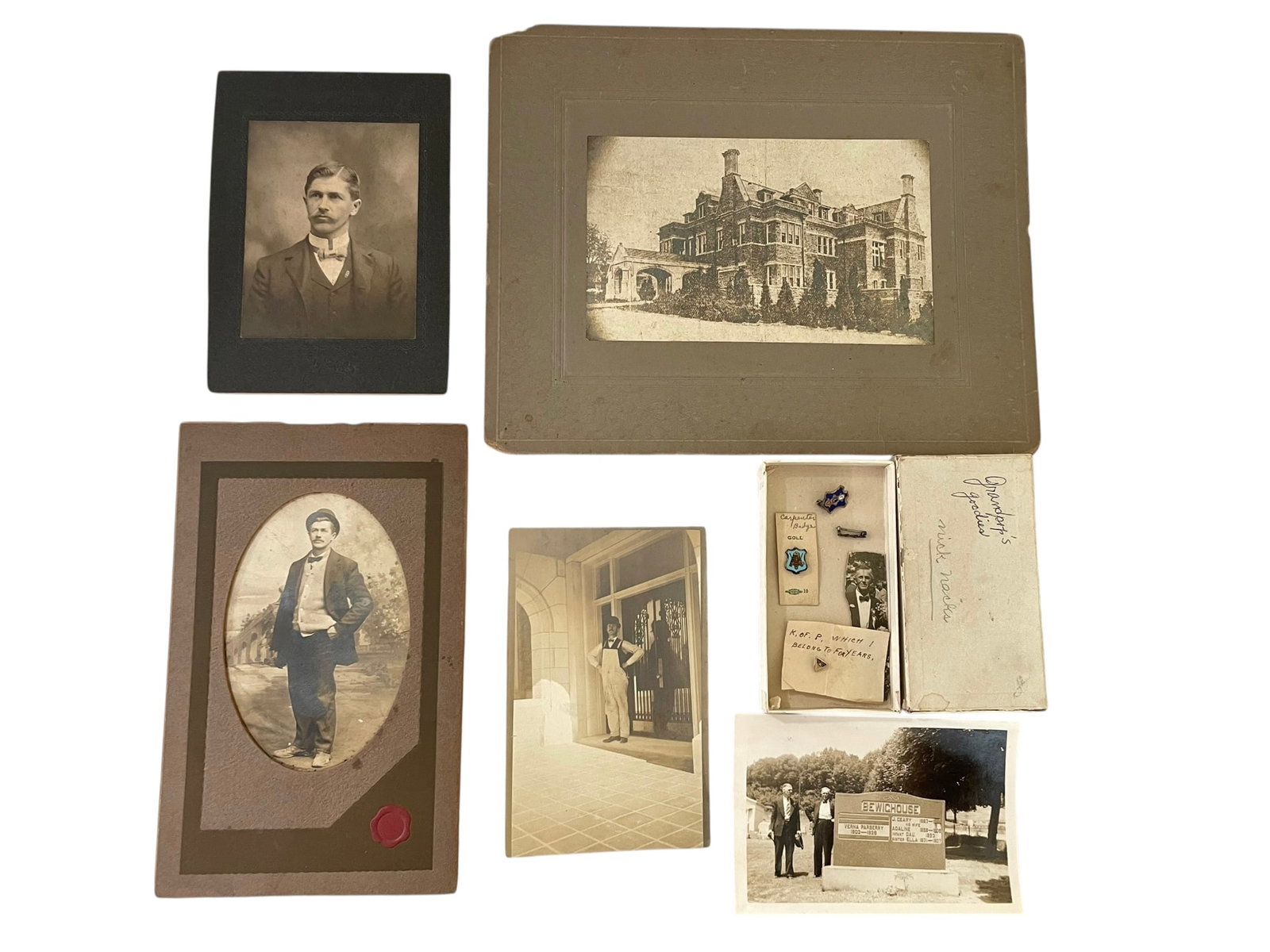 Gold and Other Fraternal Pins, Old Photos and Postcard: Gold and Other Fraternal Pins, Old Photos and Postcard. This is an estate group including five old photos (one is a photo postcard) and a small box labeled Grandpop's Goodies. In the box there are