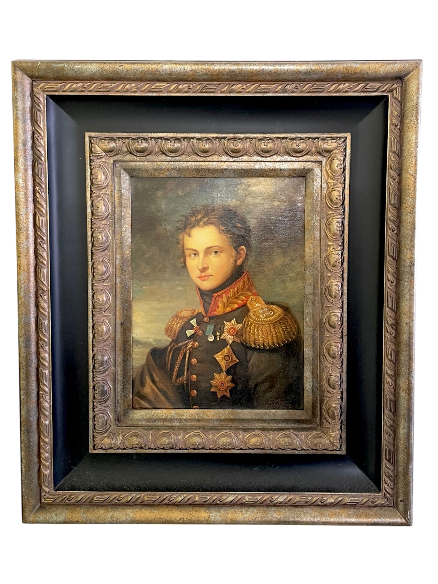 Military Portrait Painting in Large Frame: Military Portrait Painting in Large Frame. A modern piece inspired by antique portraits of military commanders and generals. It's a handsome piece for decor, heavy, and fairly large at 26.5" x 30.5"