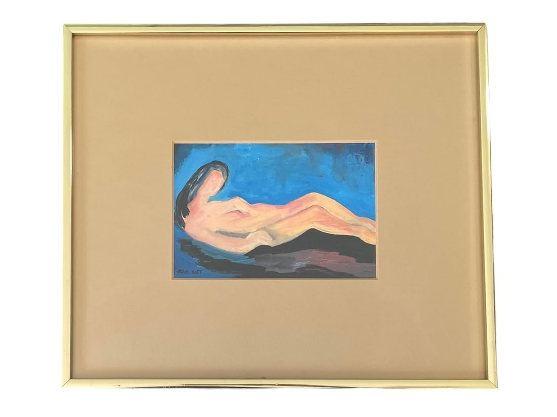 Ethel Koff Nude Acrylic on Canvas Small Painting: Ethel Koff Nude Acrylic on Canvas Small Painting. Ethel Koff (American, 1918-1992), nude reclining lady, signed in lower left. A small piece, matted and framed under glass, with artist bio info