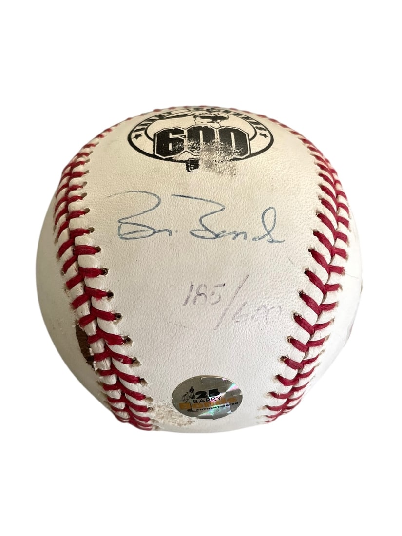 Barry Bonds Signed Baseball w/ 2002 Postage Stamp, Numbered, Authenticated: Barry Bonds Signed Baseball with Postage Stamp, Numbered, Authenticated Hard-to-find collectible Rawlings baseball commemorating Barry Bonds' 600th home run. Autographed, numbered 185/600, with