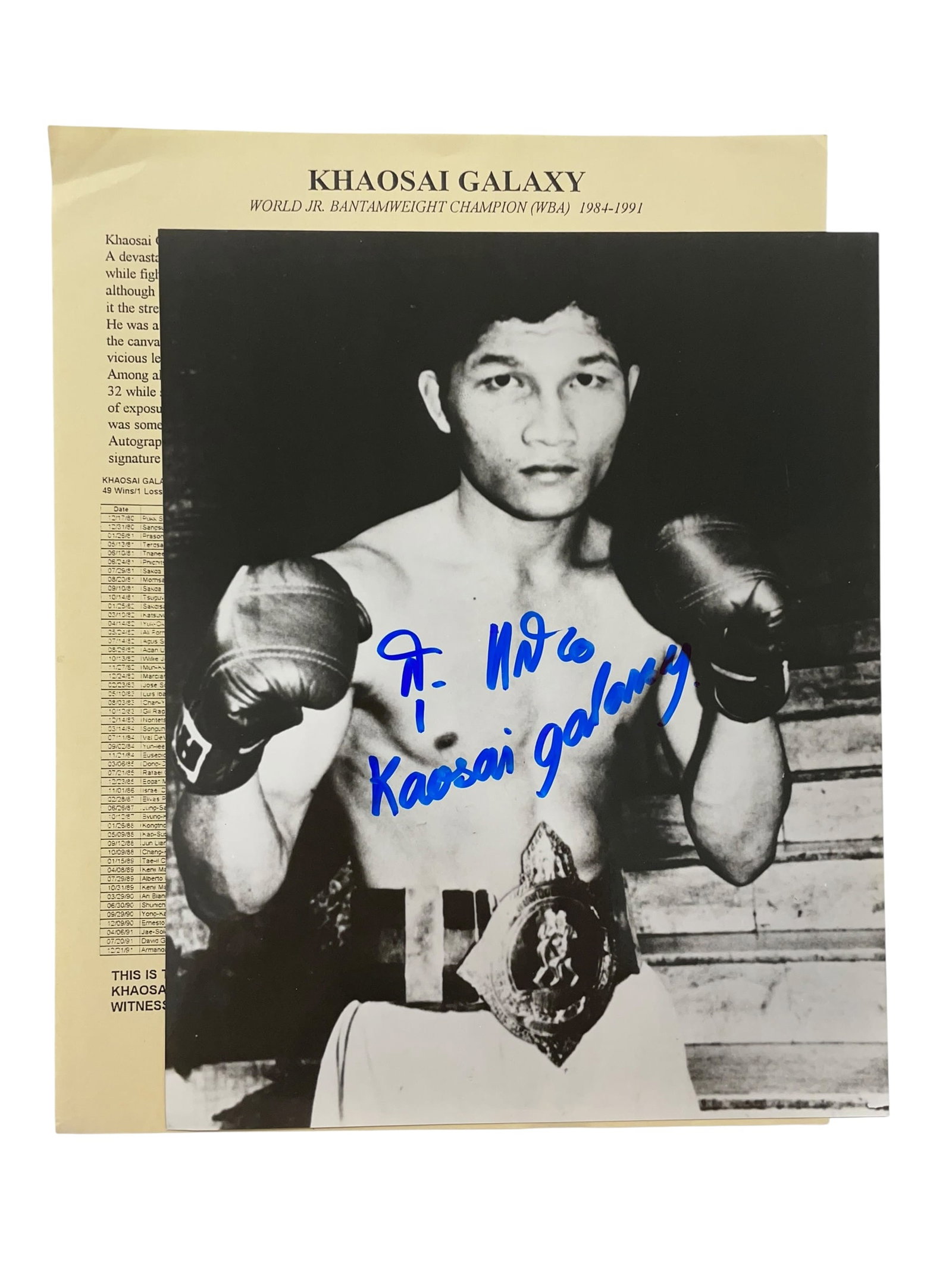 Khaosai Galaxy Signed 8x10 Boxing Photo with COA: Khaosai Galaxy Signed 8x10 Boxing Photo with COA signed Jim Stinson. World Jr. Bantamweight Champion (WBA) 1984-1991