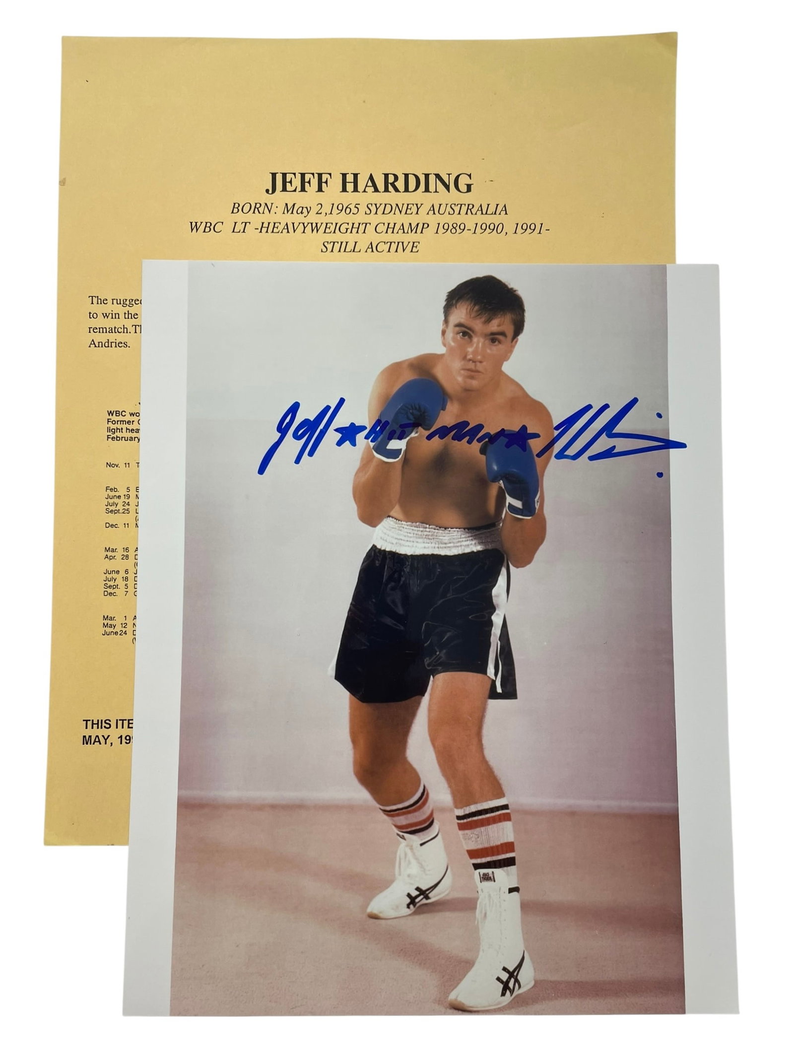 Jeff Harding Signed 8x10 Boxing Photo with COA: Jeff Harding Signed 8x10 Boxing Photo with COA signed Jim Stinson. WBC Lt-Heavyweight Champ 1989-1990,91-