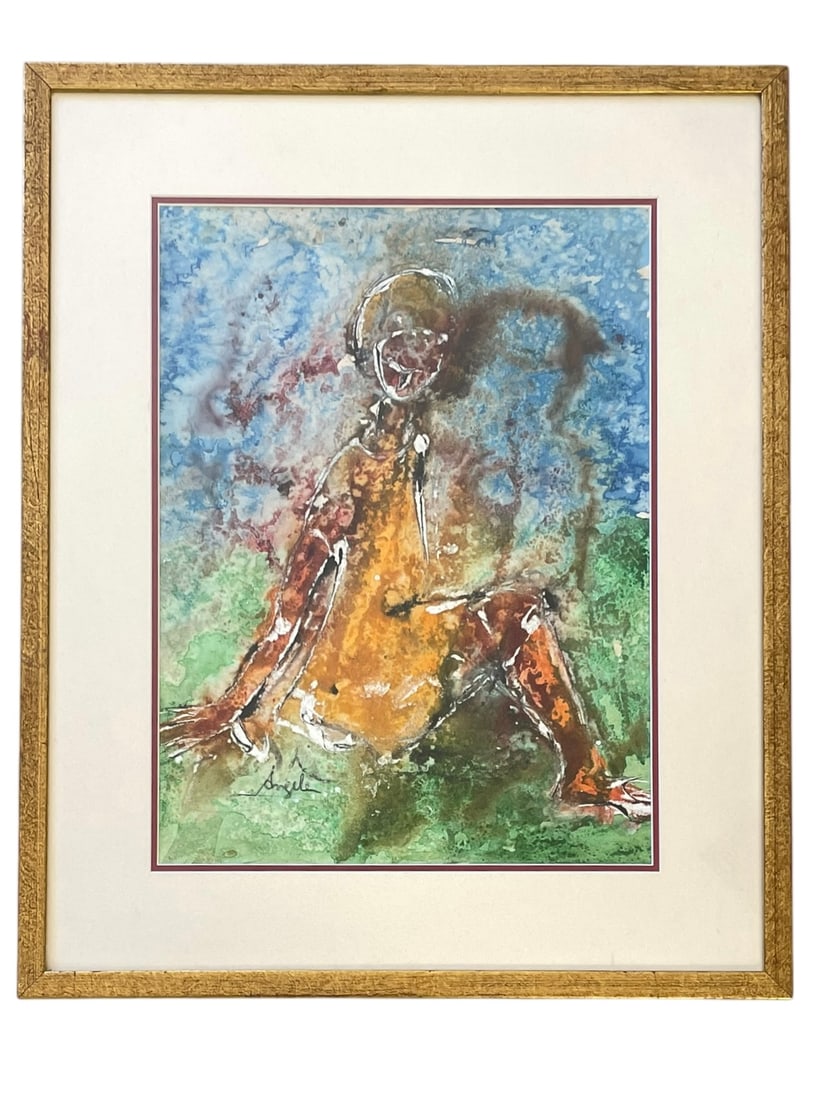 Abstract Painting of Seated Woman, Signed Angela: Abstract Painting of Seated Woman, Signed Angela. Double matted and framed. Framed size: 20" x 24.5"