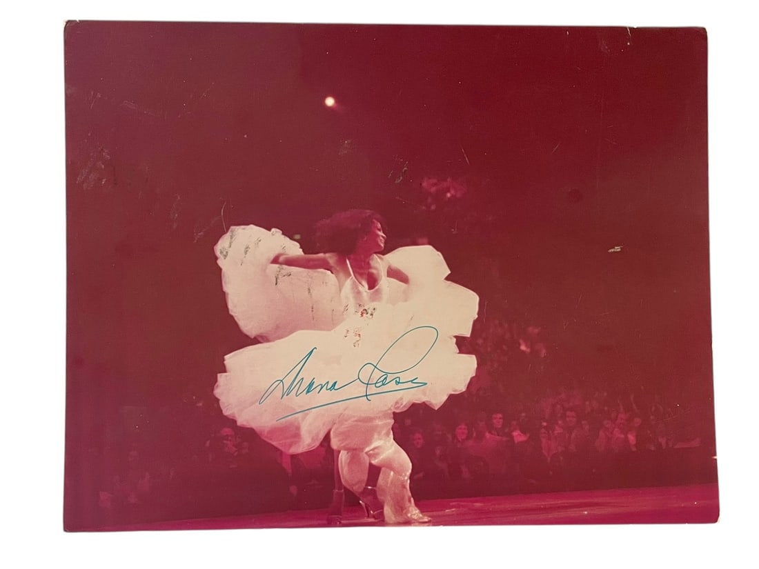 Diana Ross Autographed 11x14 Photo: Diana Ross Autographed 11x14 Photo. Signed in the middle on her dress. Note, the surface has some dark smudges and we haven't tried to clean it. 11" x 14"