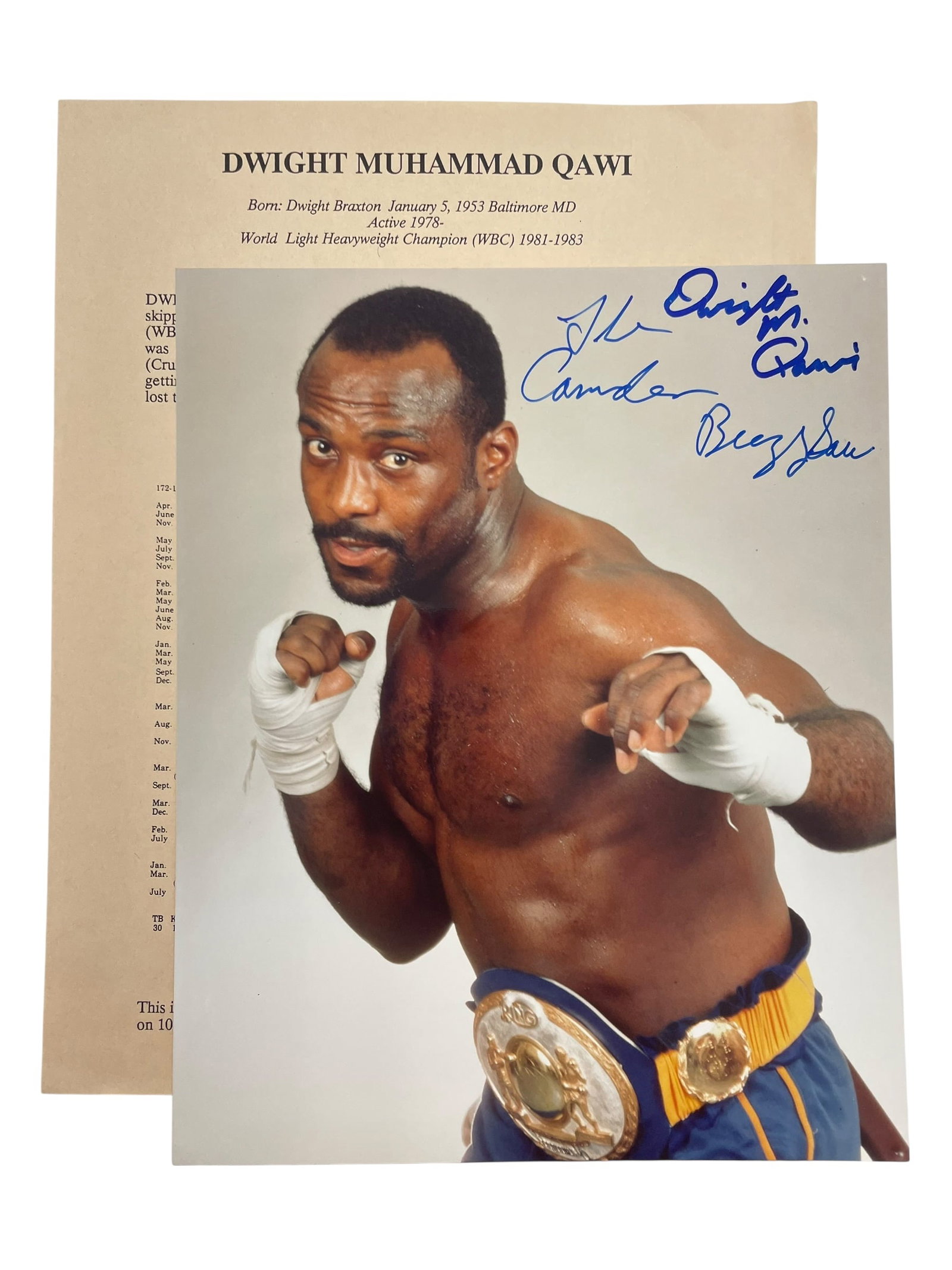 Dwight Muhammad Qawi Signed 8x10 Boxing Photo with COA: Dwight Muhammad Qawi Signed 8x10 Boxing Photo with COA signed Jim Stinson. "The Camden Buzz Saw." Born Dwight Braxton; World Light Heavyweight Champion (WBC) 1981-1983