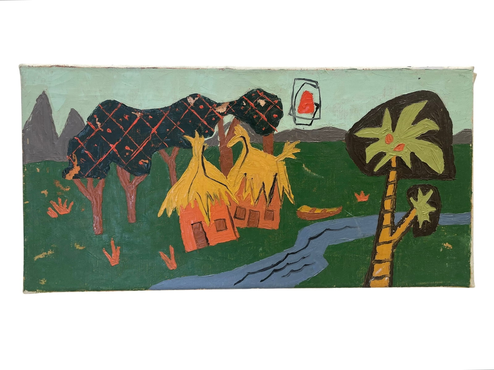 Unsigned Painting of Riverside Village: Unsigned Painting of Riverside Village. A small original painting on canvas, unframed, unsigned. Note there is some paint loss. Size: 10" x 20"