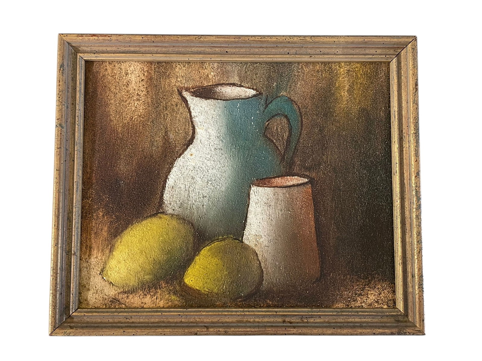 Small Still Life Painting, Unsigned: Small Still Life Painting, Unsigned. A textured painting on board, of a pitcher with glass and lemons/fruit. Small and lightweight. Framed size: 11" x 9".