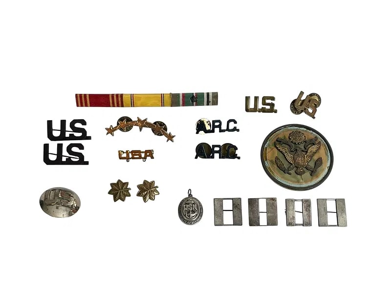 Military Insignia Group and More, Some Sterling: Military Insignia Group and More, Some Sterling. Including: WWII ribbon bar; U.S. Navy sweetheart pendant; American Red Cross ARC pins; 4 silver rank bars (3 are marked Sterling); WWI U.S. pins; USA
