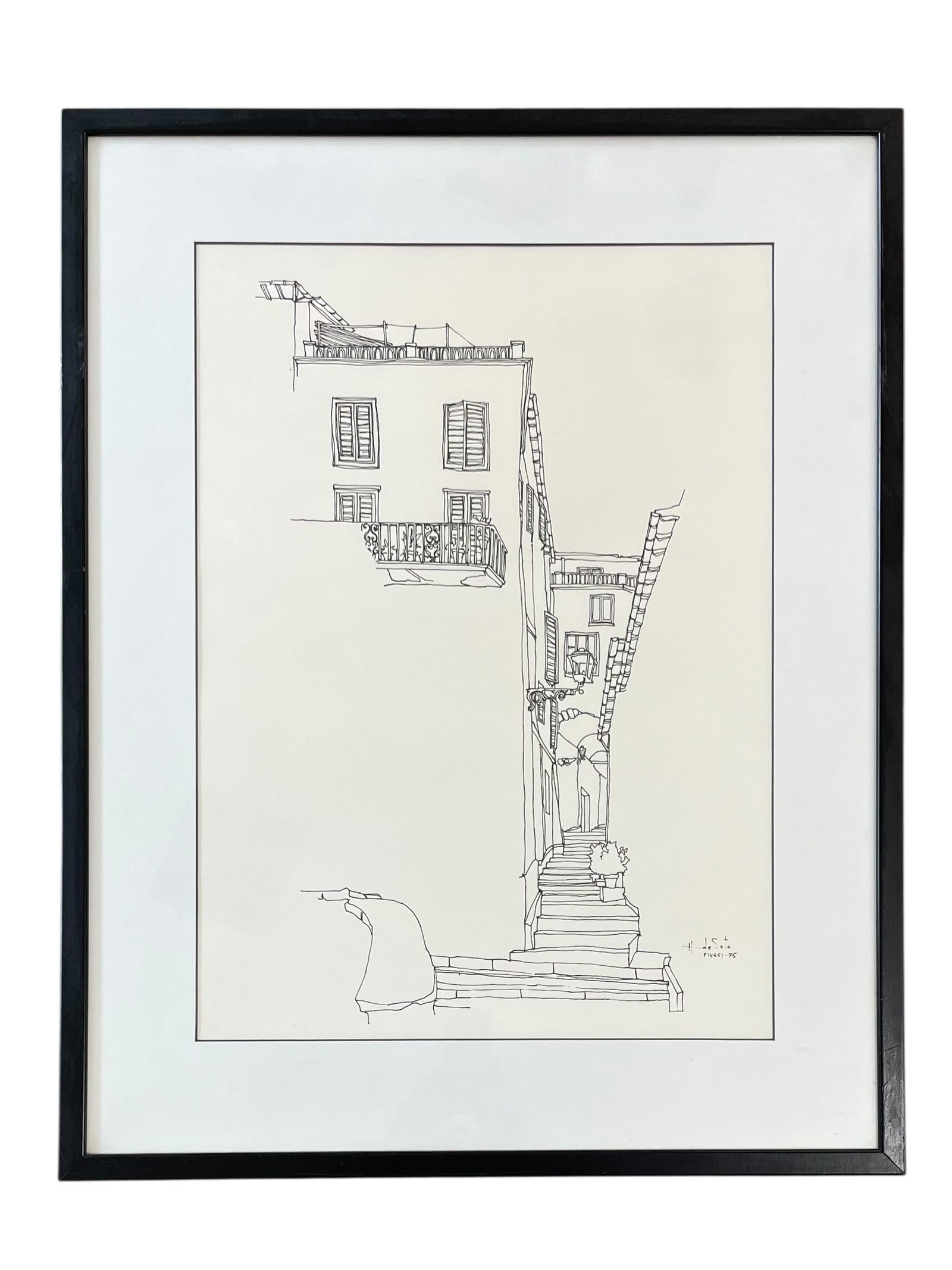 Fiuggi, Italy, Artwork by Hugo De Soto: Fiuggi, Italy, Artwork by Hugo De Soto. Modern line art lithograph of an Italian street. Dated 1975. Framed under glass. Size: 23" x 29.5"