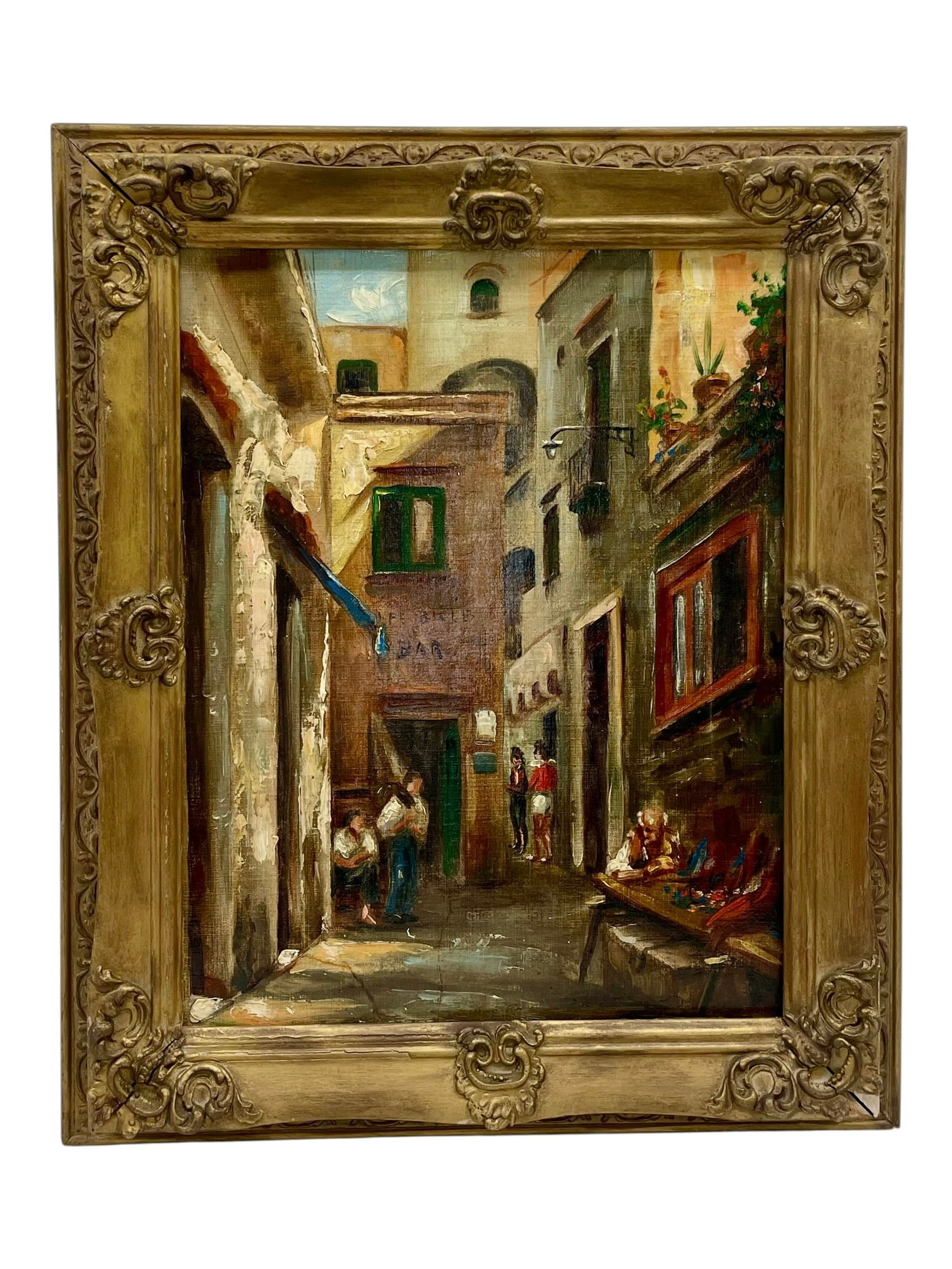 Antique Painting of European Street Scene, Unsigned (1 of 3)