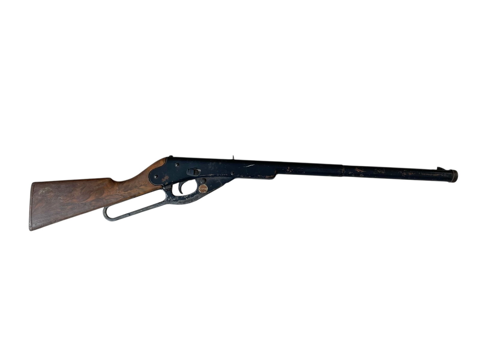 Daisy Model 1105 BB Gun: Daisy Model 1105 BB Gun with plastic stock; has been used and shows wear. BBs can be heard inside. 30" long