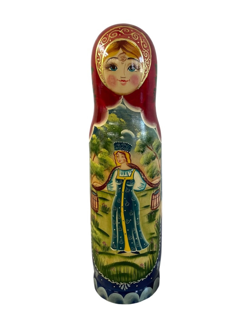 DeBrekht Hand Painted Russian Bottle Holder Doll, 12 1/2" Tall: DeBrekht Hand Painted Russian Bottle Holder Doll, 12 1/2" Tall. This wood doll is in the style of a nesting doll but there is nothing inside - it is made to hold a wine bottle. It has a DeBrekht label