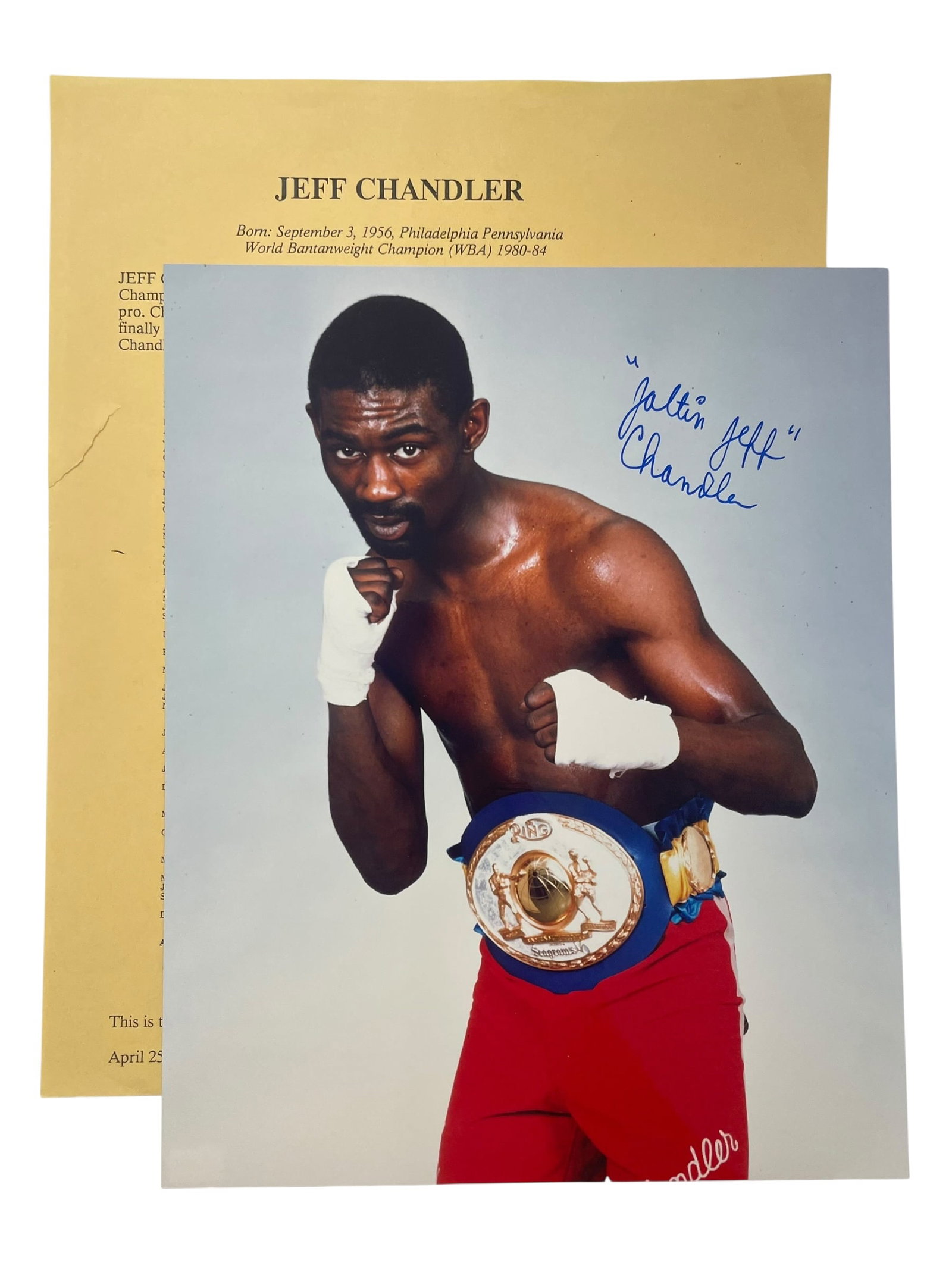 Jeff Chandler Signed 8x10 Boxing Photo with COA: Jeff Chandler Signed 8x10 Boxing Photo with COA signed Jim Stinson. World Bantamweight Champion (WBA) 1980-84