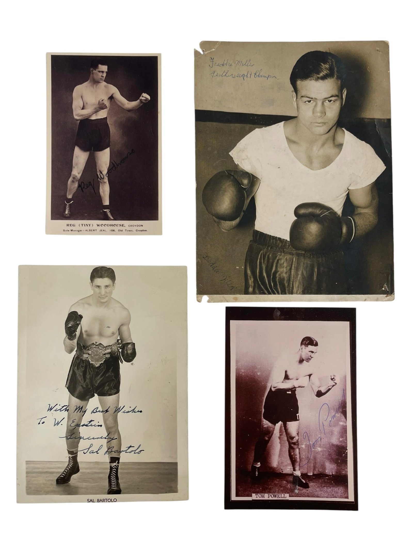 4 Signed Boxing Photos: Freddie Miller, Sal Bartolo, Tom Powell, Reg Woodhouse: 4 Smaller Signed Boxing Photos: Freddie Miller, Sal Bartolo, Tom Powell, Reg Woodhouse Freddie Miller, 6x8 Tom Powell, 4x6 Sal Bartolo, 5x7 Reg "Tiny" Woodhouse, 3 1/2 x 5 1/2