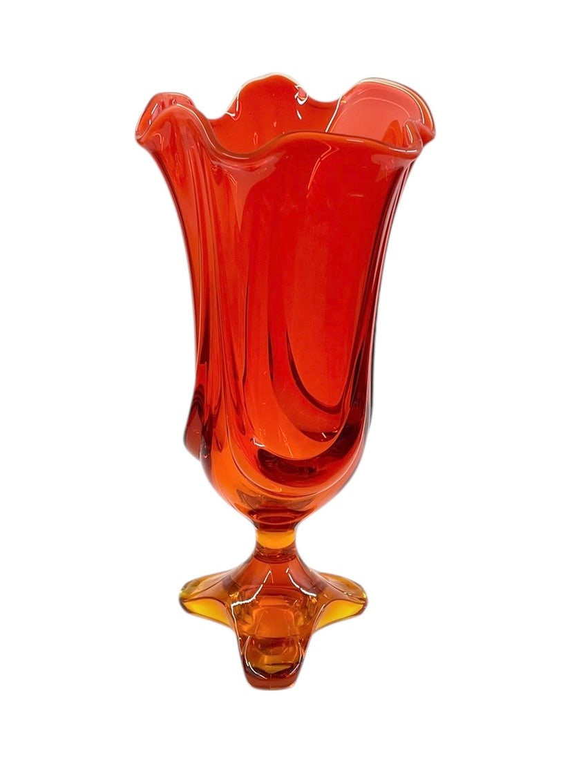 Viking Epic Drape Large MCM Vase, 14': Swung glass in persimmon color, or amberina - the orange color is edged with yellow. 14" tall