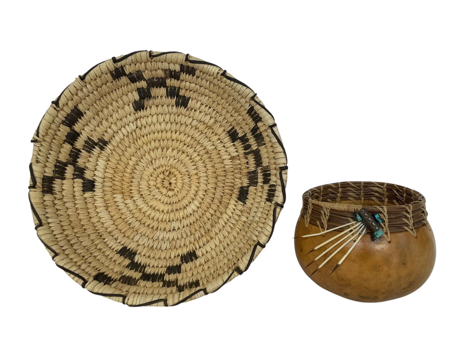 Native American Coiled Basket and Gourd Bowl: The bowl is decorated with turquoise, porcupine quills, and pine needles. It's 3 1/2" tall. The quills are a little bent. The basket is tightly handwoven from natural materials with