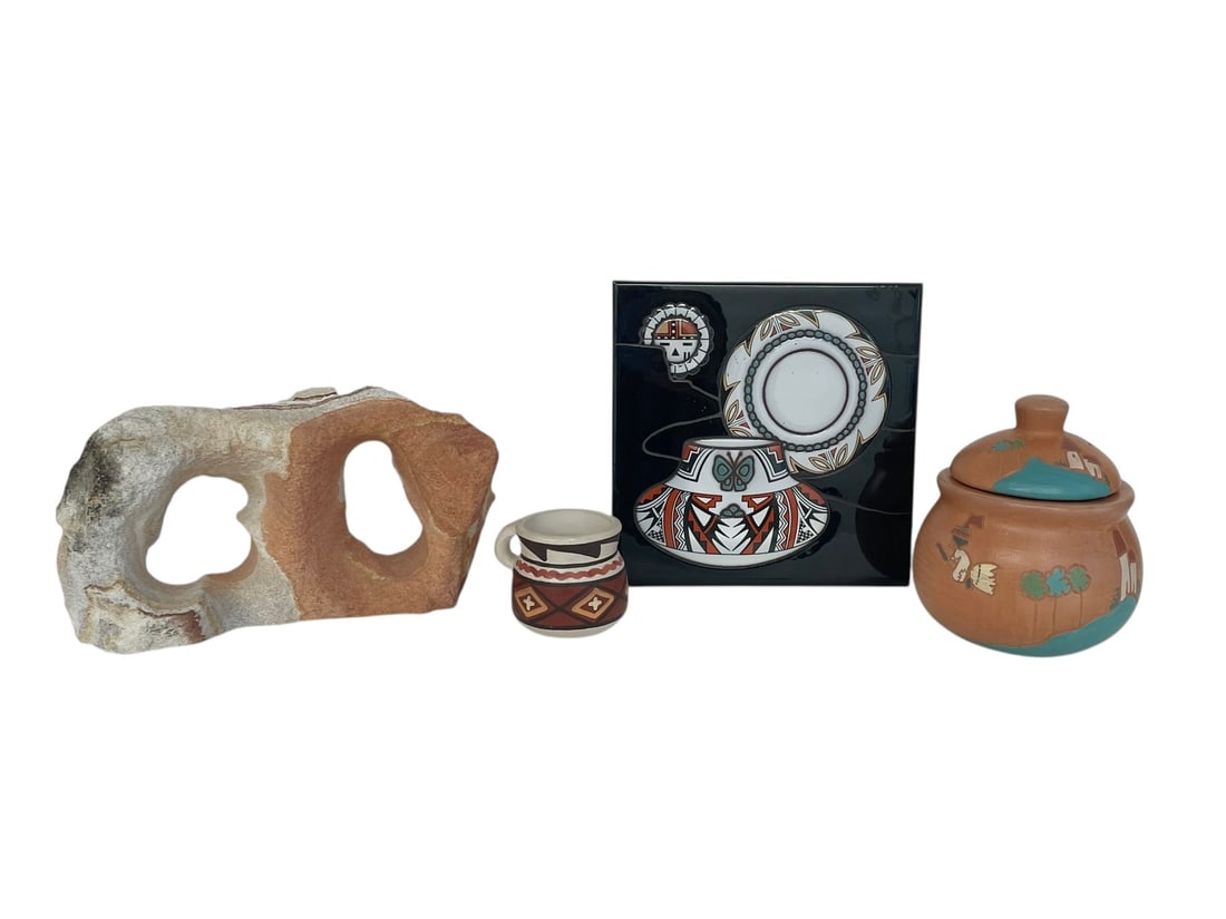 Cleo Teissedre Tile, Sandstone Sculpture, 2 Chilean Pottery Pieces: Group includes a sandstone sculpture, a 6" x 6" tile by artist Cleo Teissedre, and a covered jar and mini cup which are both Punta Arenas pottery pieces, signed as pictured.