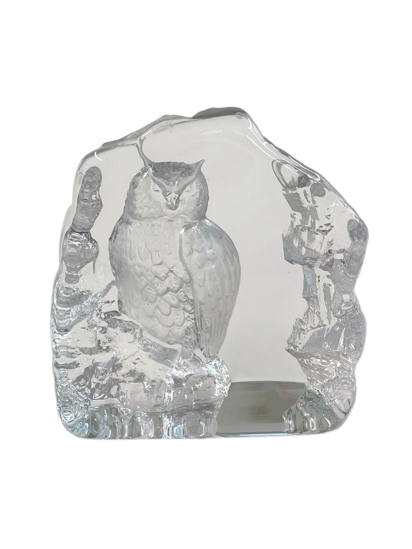Mats Jonasson Glass Owl Sculpture, 5 3/4': Signed as pictured. Nice heavy piece with intaglio design; no damage. 5 3/4" tall.