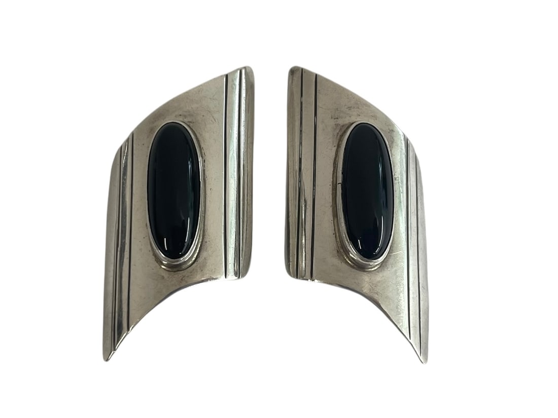 Navajo Sterling and Onyx Earrings Signed Allen & Paula Boyd ~ 14 grams: Black onyx in sterling silver, Native American clip earrings, signed and marked Sterling as pictured. 1 3/4" long. Weight of the pair: 14.0 grams
