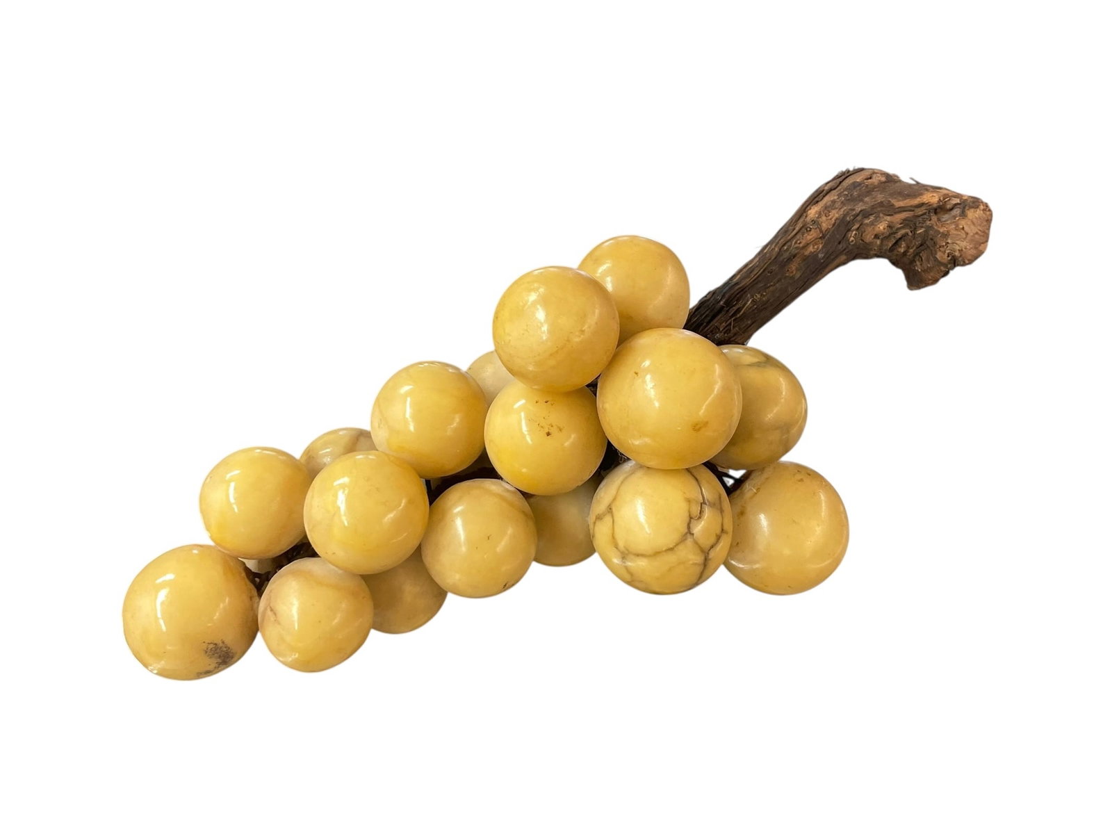 Mid-Century Alabaster Stone Grapes: Carved stone grapes attached to real wood. 12" total length, grapes are about 1.5" diameter.