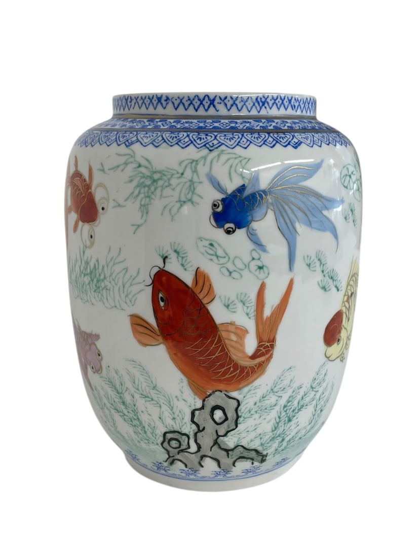 Chinese Eggshell Porcelain Lampshade: Hand painted with colorful fish, with a calligraphy inscription on the back. Nice blue and gold trim. Note, this is a shade for an antique wedding lamp; it has an open bottom (it's not a