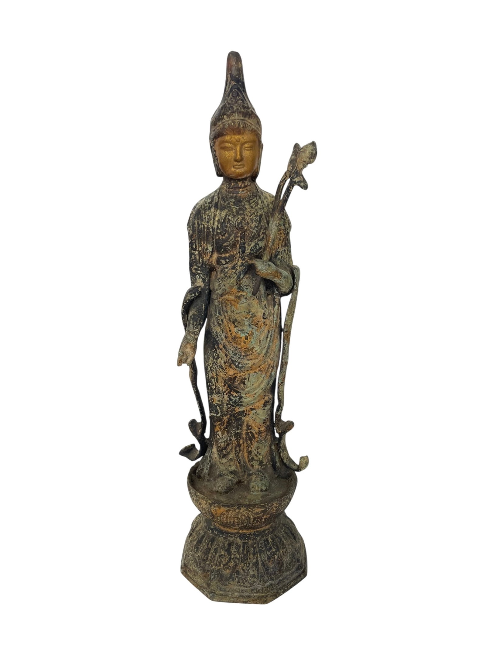 Guan Yin Cast Iron Statue, 19 1/2': Cast iron/metal statue of a figure holding lotus buds. Please see photos for details. 19 1/2" tall.