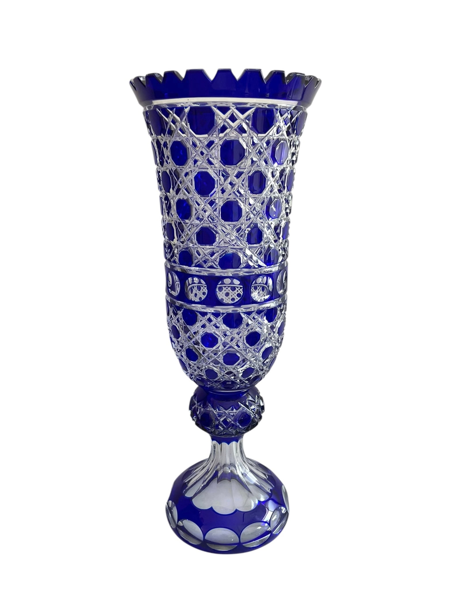 Irena Cobalt Cut to Clear Centerpiece Vase, 21': Large pedestal crystal vase, beautiful dramatic appearance with no chips or cracks. Signed with Irena mark as pictured.