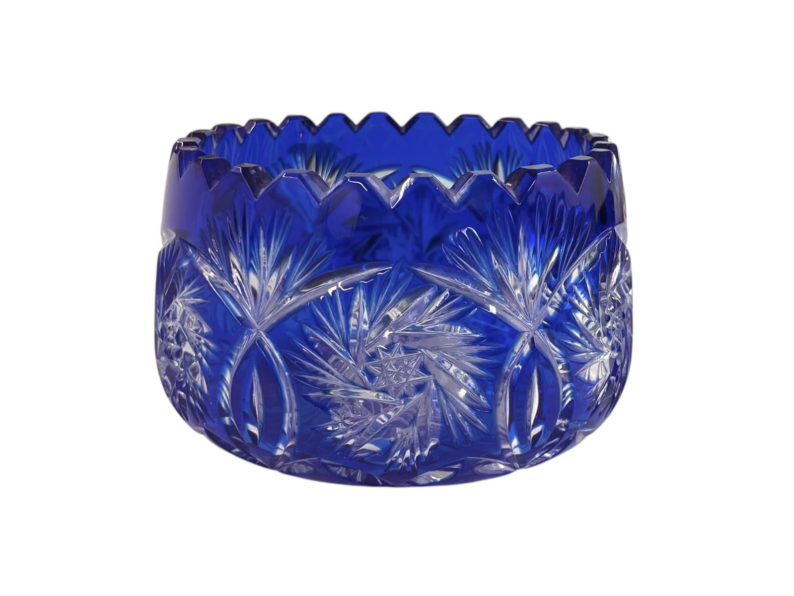 Cobalt Cut to Clear Crystal Bowl: Probably Bohemian, a candy bowl size, beautifully cut, no chips or cracks. 3 1/4" tall, 4 3/4" diameter.