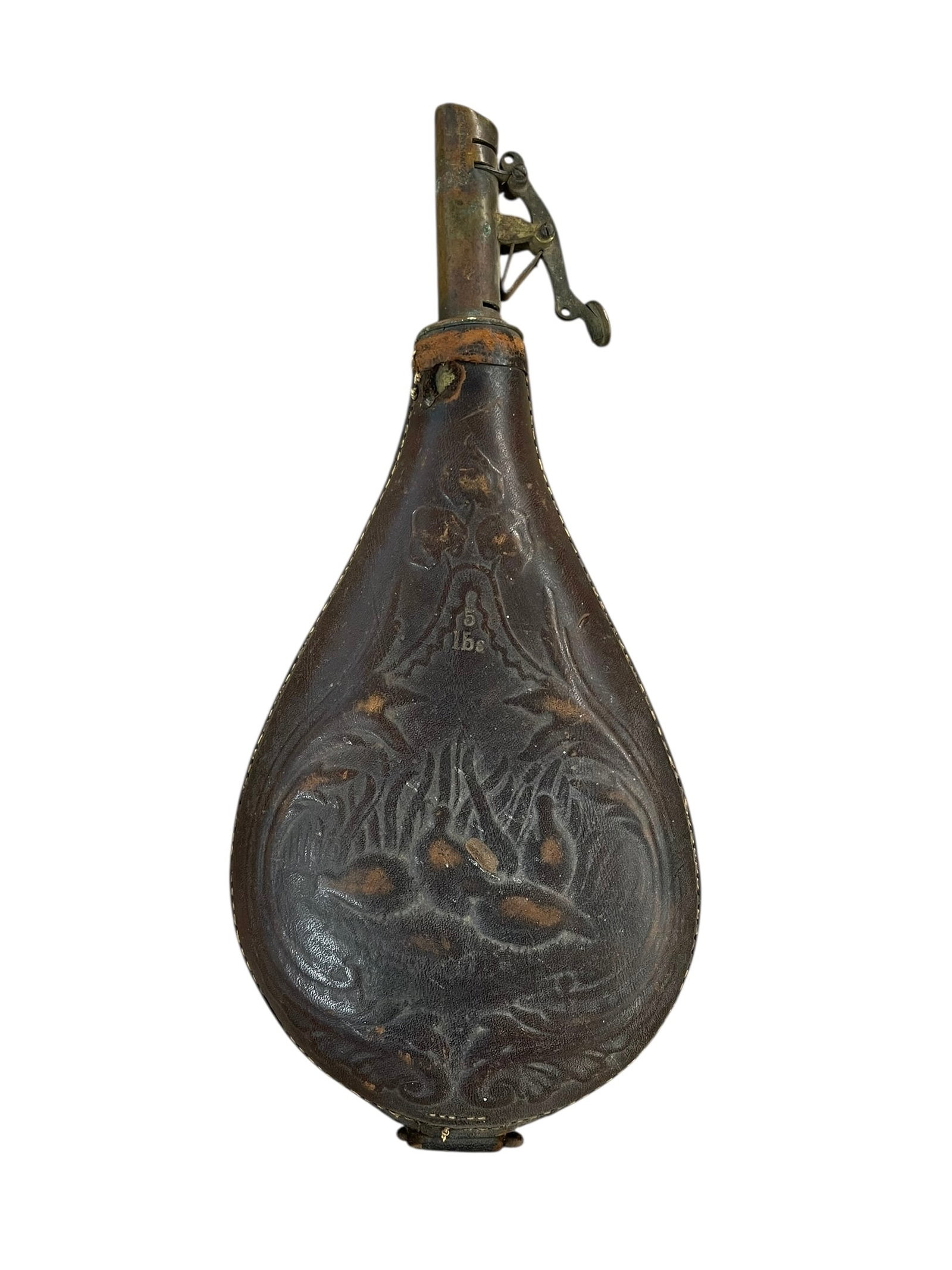 Antique Leather Powder or Shot Flask: Embossed with a scene of quail in a marsh, marked 5 Lbs. About 9 1/2" long.